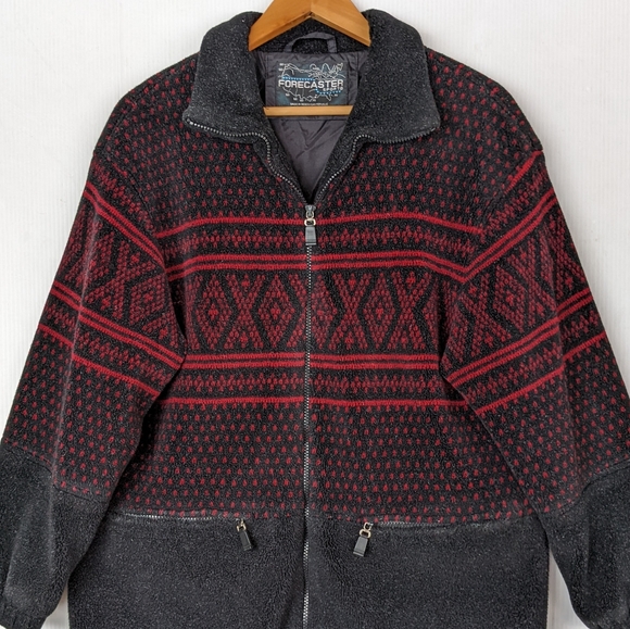 VINTAGE Forecaster Sport black red diamond fair isle cozy fleece teddy jacket - Picture 7 of 12